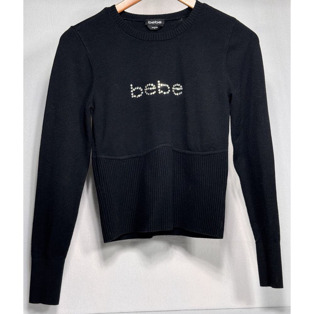 Bebe Vintage Y2K Women’s Rhinestone Logo Bodycon Knit Sweater Size M